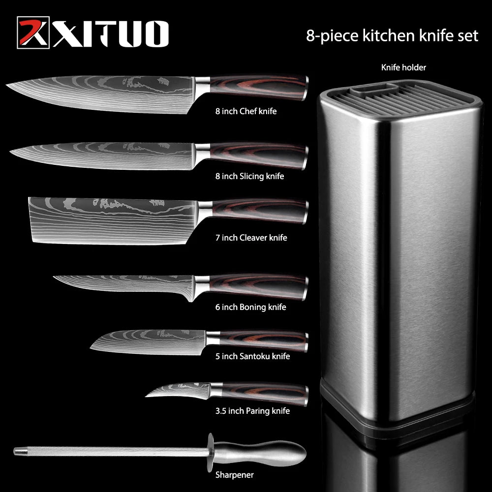 XITUO Kitchen Chef Set 4-8PCS set Knife Stainless Steel Knife Holder Santoku Utility Cut Cleaver Bread Paring Knives Scissors - My Homes Goods