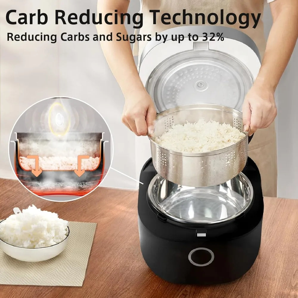 Rice Cooker Stainless Steel Inner Pot, Low Carb Large 8 Cup Maker with Steamer Basket, 24H Delay Timer