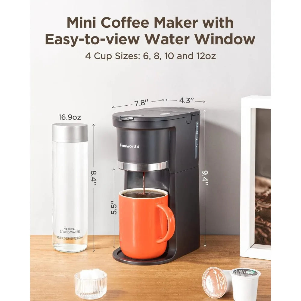 Mini Coffee Maker Single Serve, Instant One Cup for K Cup & Ground Coffee, 6 to 12 Oz Brew Sizes, Capsule Coffee Machine, Black - My Homes Goods
