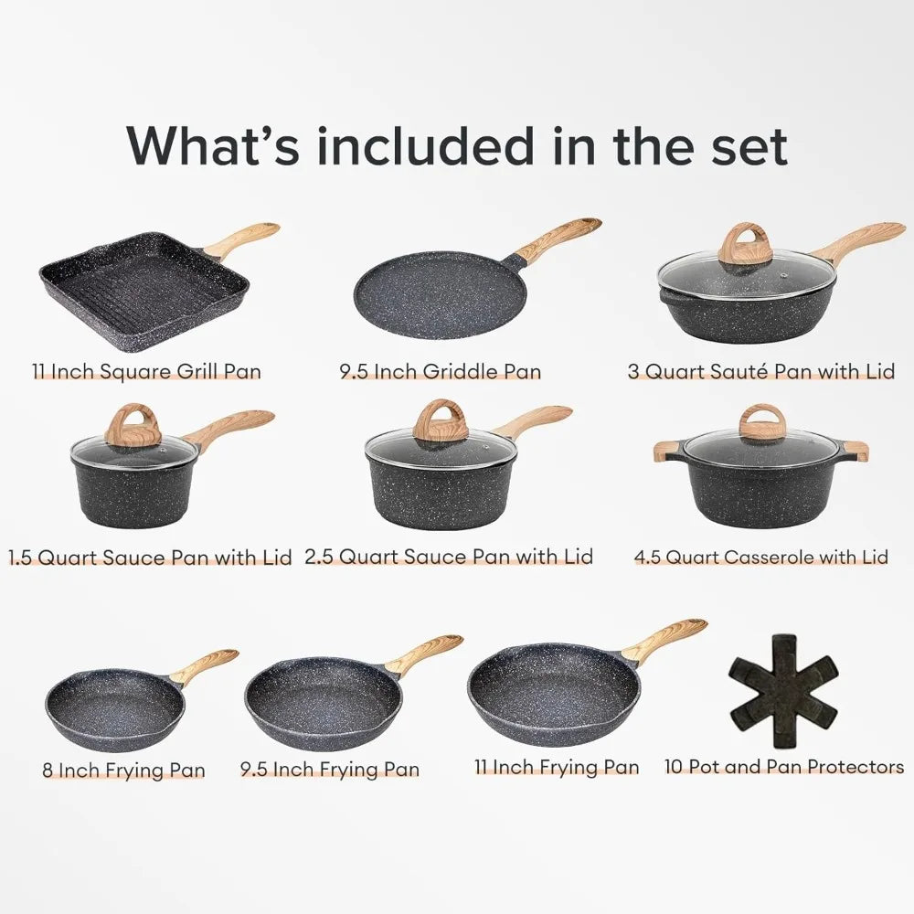 Pots and Pans Set Nonstick 23pcs, Healthy Kitchen Cookware Sets, Induction Cooking Set W/Gray Granite Stone Frying Pans,