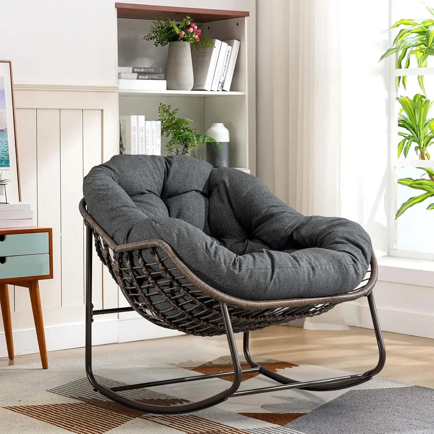 Oversized Rocking Papasan Chair with Thick Cushion and Frame Outdoor Rocker, Comfy Wicker Egg Chairs Lounge for Backyard Balcony