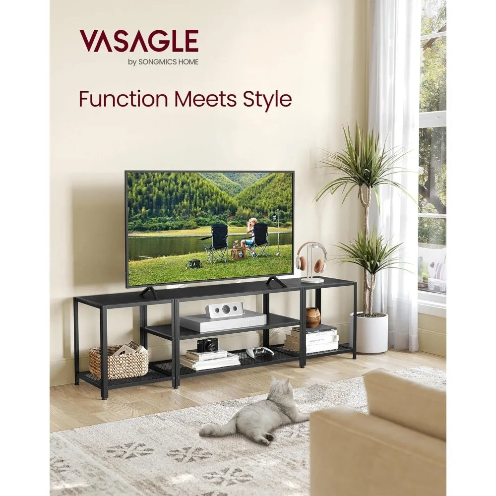 Modern TV Stand for TVs up to 75 Inches, Industrial TV Console Table with Open Storage Shelves 3-Tier Entertainment Center - My Homes Goods