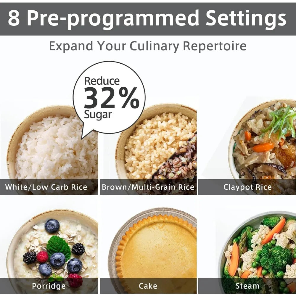 Rice Cooker Stainless Steel Inner Pot, Low Carb Large 8 Cup Maker with Steamer Basket, 24H Delay Timer