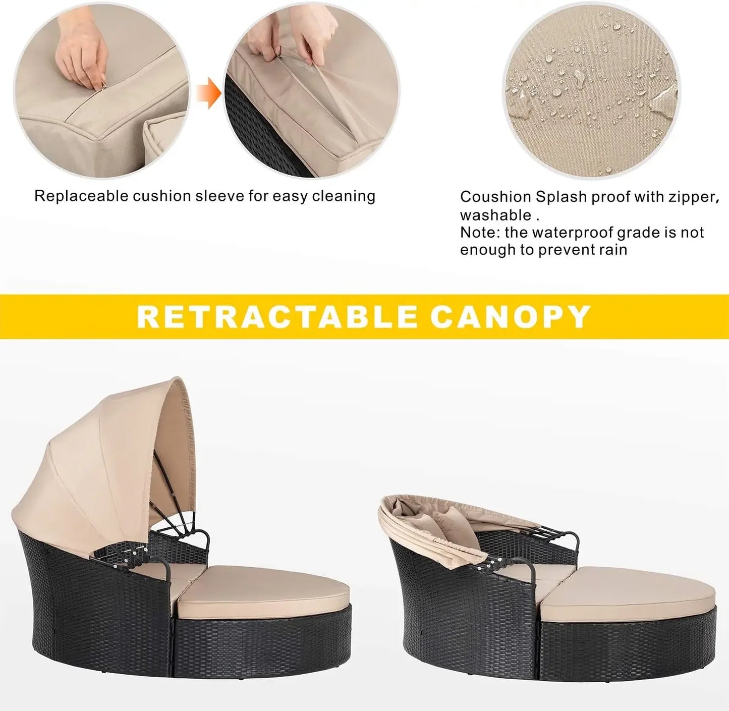 Patio Furniture Outdoor Garden Round Daybed with Retractable Canopy Wicker Rattan, Seating Separates Cushioned Seats
