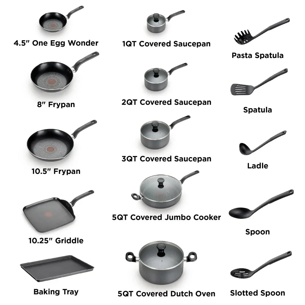 T-fal Nonstick Cookware, 20 Piece Set, Grey, Dishwasher Safe cookware set kitchen cookware set cooking pots set pots and pan - My Homes Goods