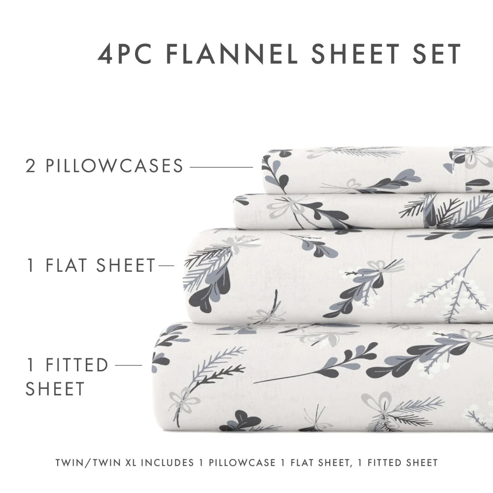 Light Gray Botanical 4 Piece 100% Cotton Flannel Deep Pocket Sheet Set, Queen, Bedding Comforter Luxury