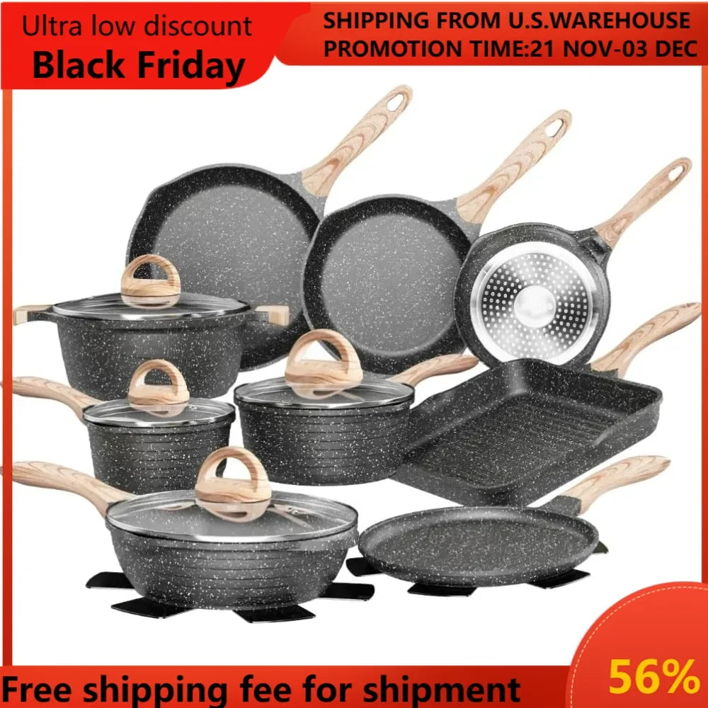 Pots and Pans Set Nonstick 23pcs, Healthy Kitchen Cookware Sets, Induction Cooking Set W/Gray Granite Stone Frying Pans,