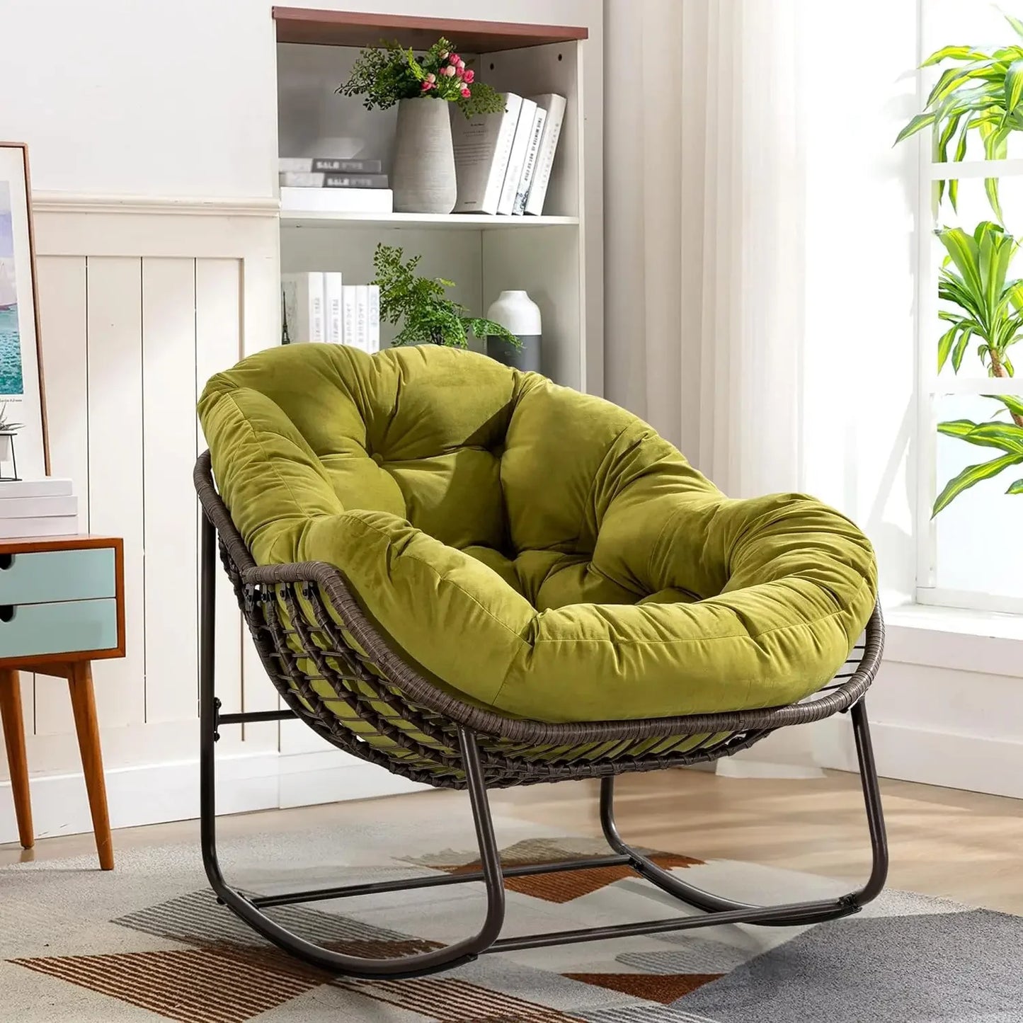 Oversized Rocking Papasan Chair with Thick Cushion and Frame Outdoor Rocker, Comfy Wicker Egg Chairs Lounge for Backyard Balcony