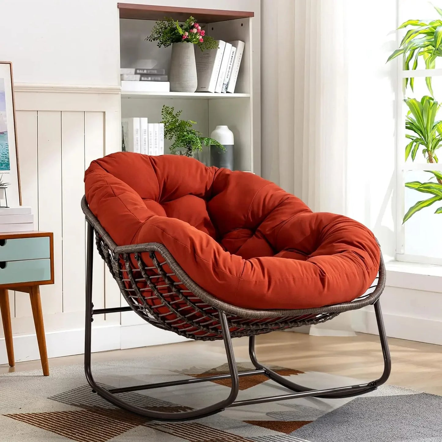 Oversized Rocking Papasan Chair with Thick Cushion and Frame Outdoor Rocker, Comfy Wicker Egg Chairs Lounge for Backyard Balcony