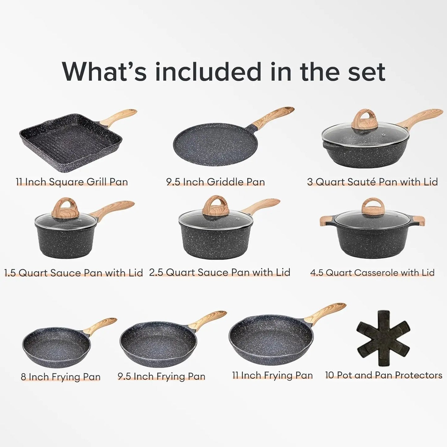 Pots and Pans Set Nonstick 23pcs, Healthy Kitchen Cookware s, Induction Cooking W/Gray Granite Stone Frying Pans, - My Homes Goods