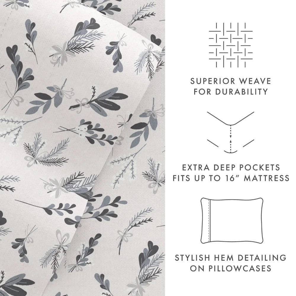 Light Gray Botanical 4 Piece 100% Cotton Flannel Deep Pocket Sheet Set, Queen, Bedding Comforter Luxury
