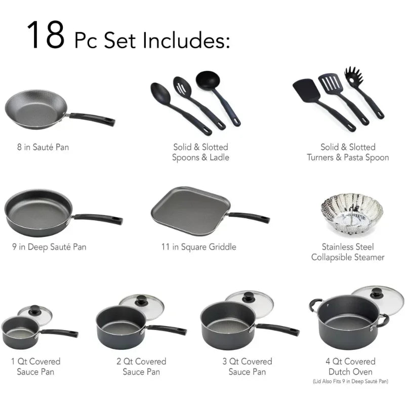 Tramontina Primaware 18 Piece Non-stick Cookware Set, Steel Gray Non Stick Cooking Pot Set Cookware Set Kitchen - My Homes Goods