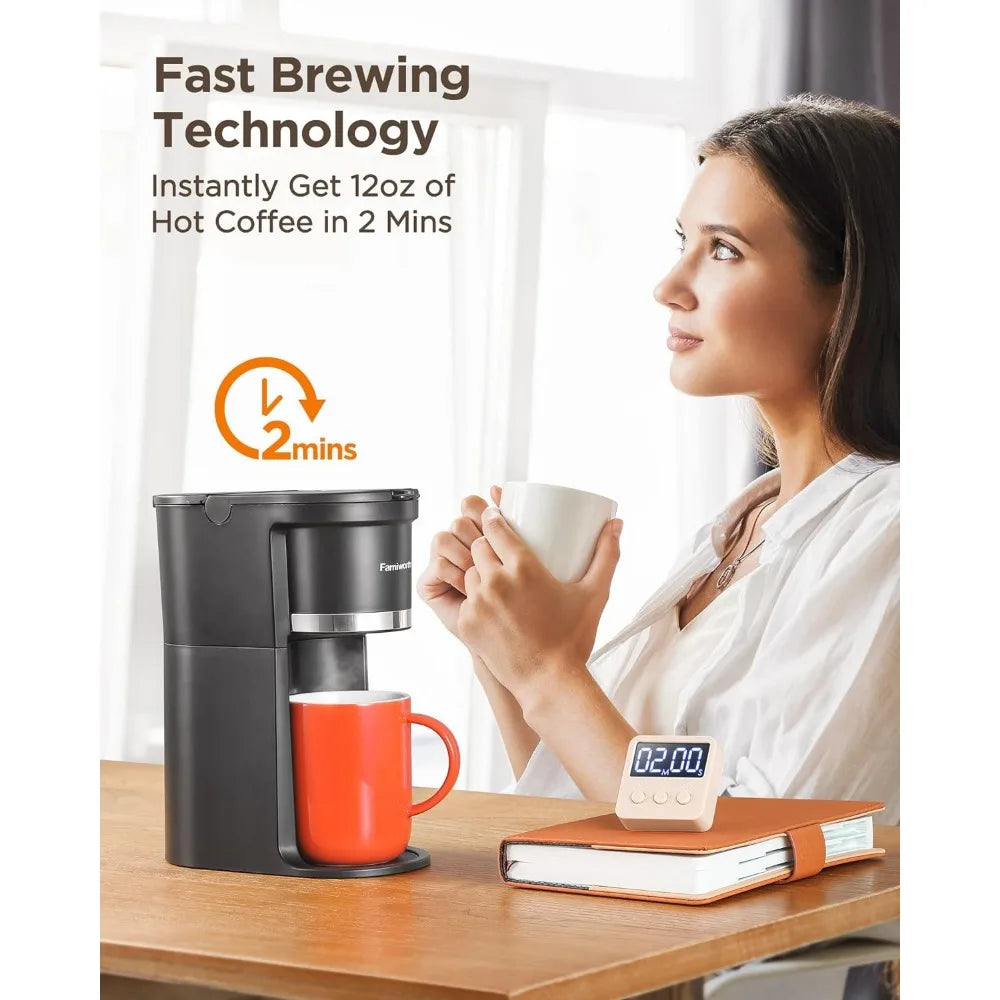 Mini Coffee Maker Single Serve, Instant One Cup for K Cup & Ground Coffee, 6 to 12 Oz Brew Sizes, Capsule Coffee Machine, Black - My Homes Goods