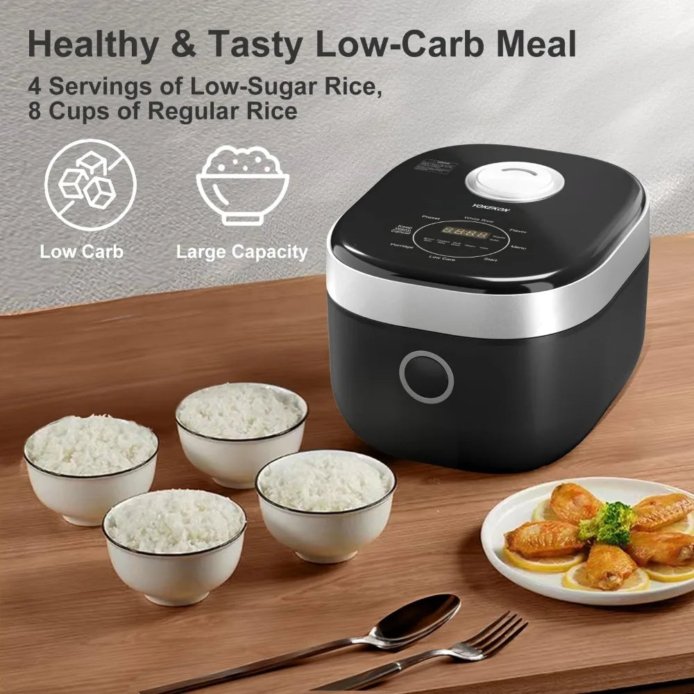 Rice Cooker Stainless Steel Inner Pot, Low Carb Large 8 Cup Maker with Steamer Basket, 24H Delay Timer