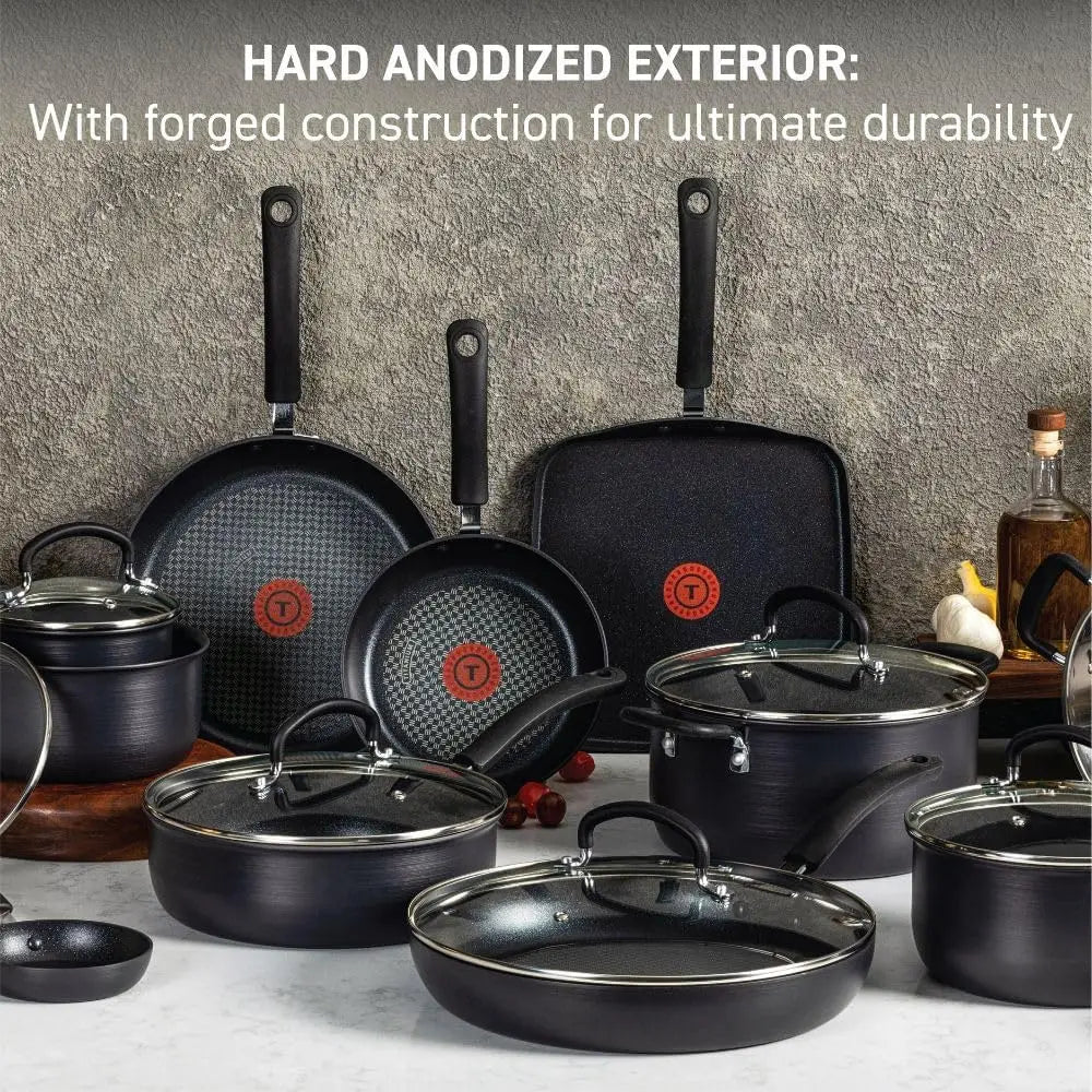 Ultimate Hard Anodized Nonstick Cookware Set 17 Piece Oven Safe 400F, Lid 350F Pots and Pans, Dishwasher Black - My Homes Goods
