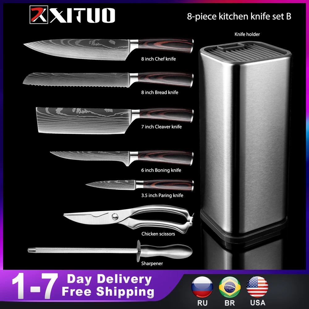 XITUO Kitchen Chef Set 4-8PCS set Knife Stainless Steel Knife Holder Santoku Utility Cut Cleaver Bread Paring Knives Scissors - My Homes Goods