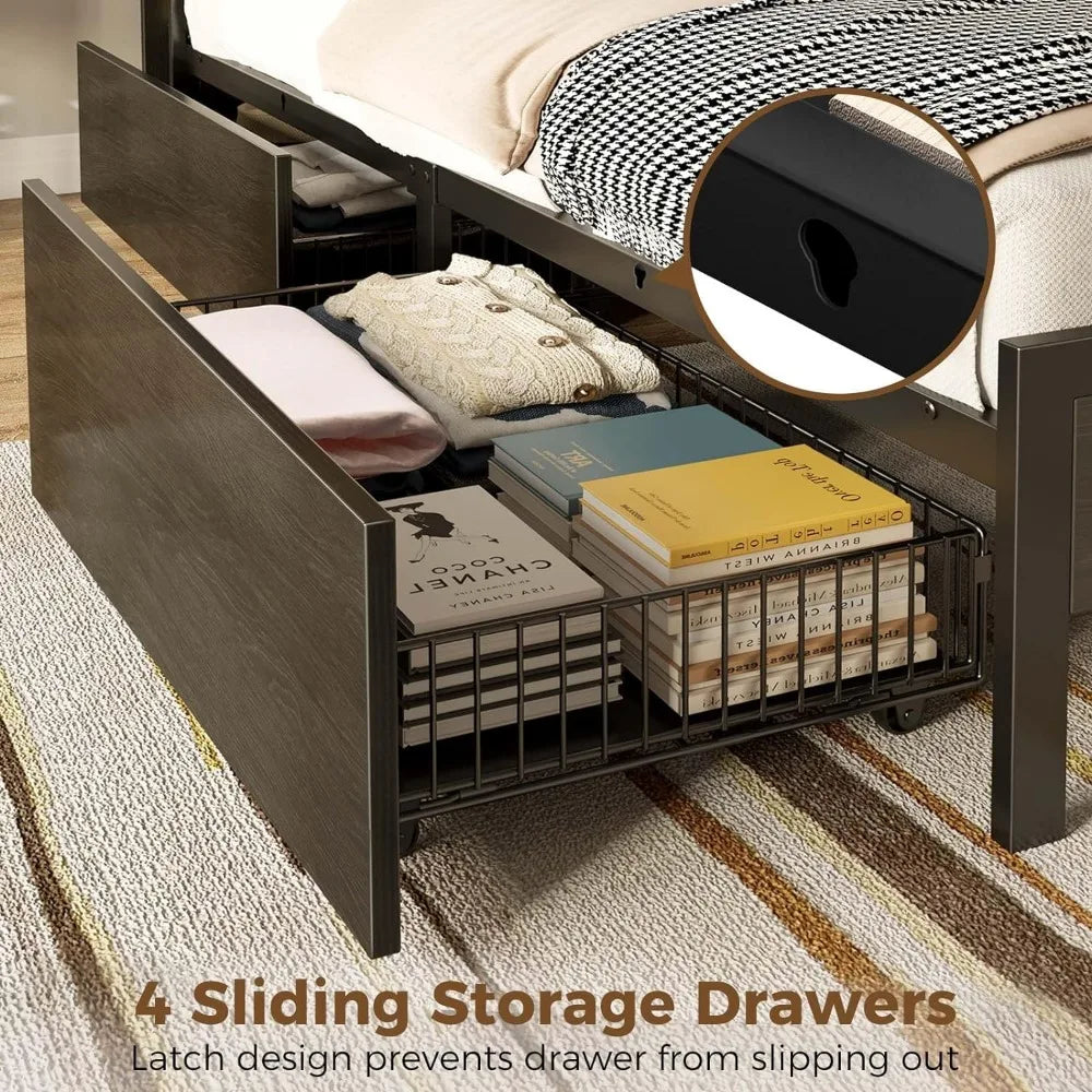 Full Bed Frame with 4 Drawers Storage Headboard, Metal Platform Bed with Charging Station, Bookcase Storage, Easy Assembly