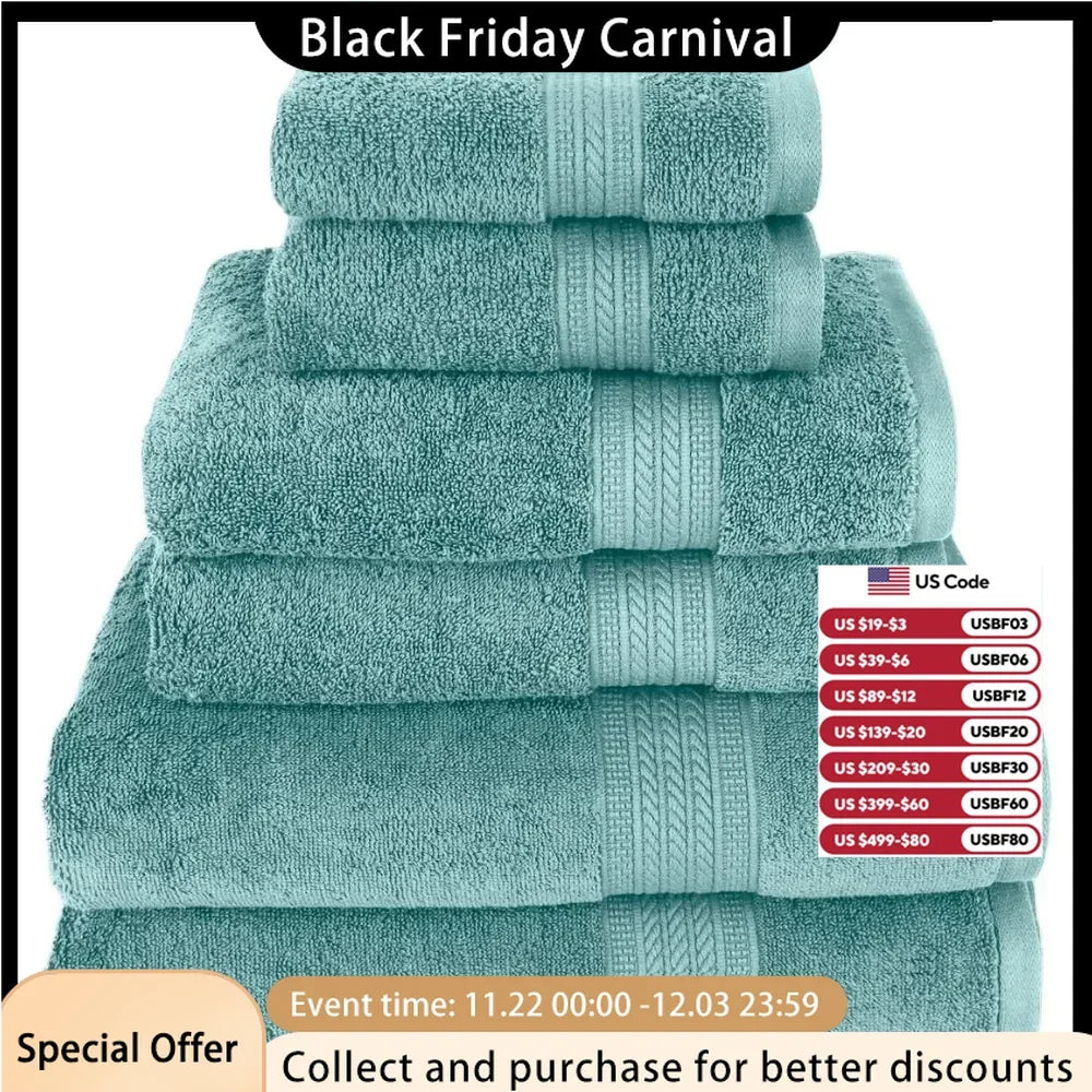 Soft & Absorbent, Luxury 100% Cotton Towels, 6 Piece Bath Towel Set, Include 2 Bath Towels, 2 Hand Towels, 2 Washcloths