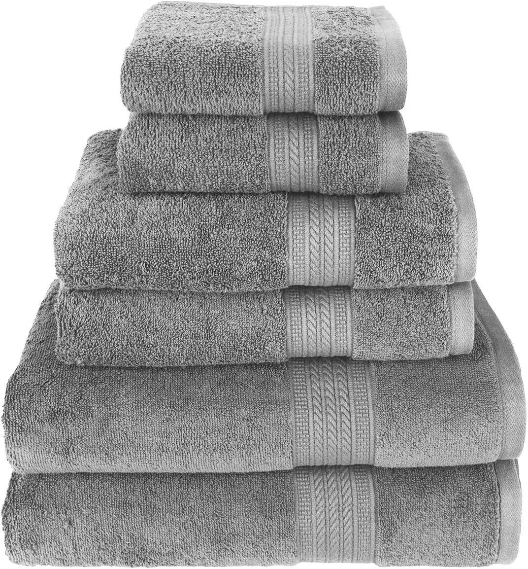 Soft & Absorbent, Luxury 100% Cotton Towels, 6 Piece Bath Towel Set, Include 2 Bath Towels, 2 Hand Towels, 2 Washcloths