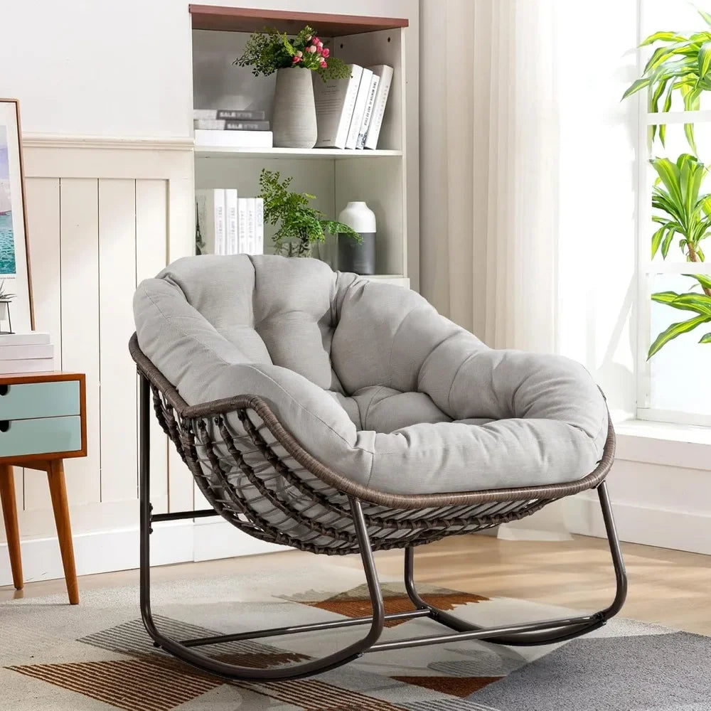 Oversized Rocking Papasan Chair with Thick Cushion and Frame Outdoor Rocker, Comfy Wicker Egg Chairs Lounge for Backyard Balcony