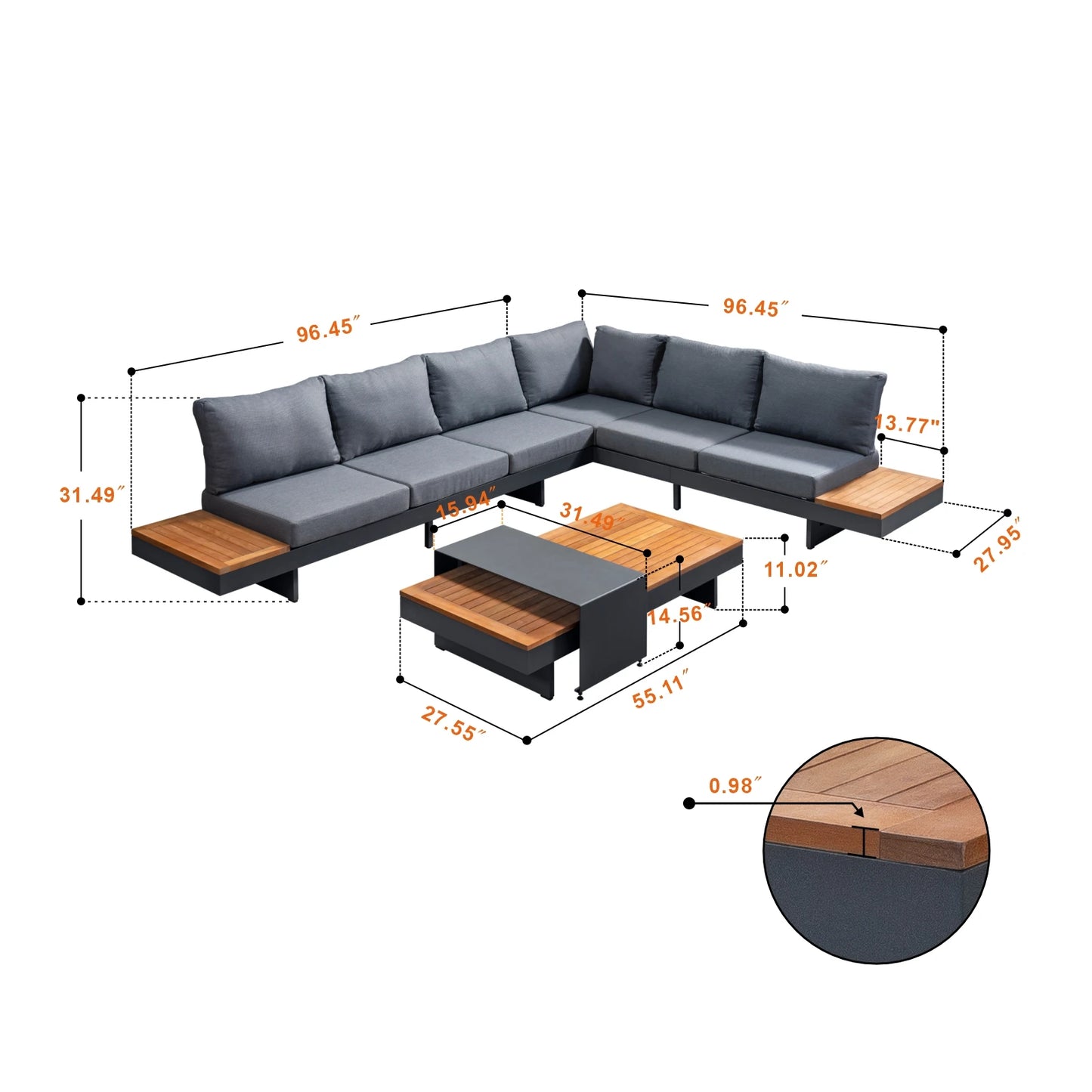 Patio Sectional Sofa Set Couch Aluminum Frame built in table With Cushions Outdoor Furniture
