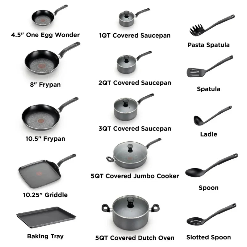 T-fal 20 Piece Set, Easy Care Nonstick Cookware, Dishwasher Safe Cookware Sets Pots and Pans Nonstick Kitchen Cookware Set - My Homes Goods