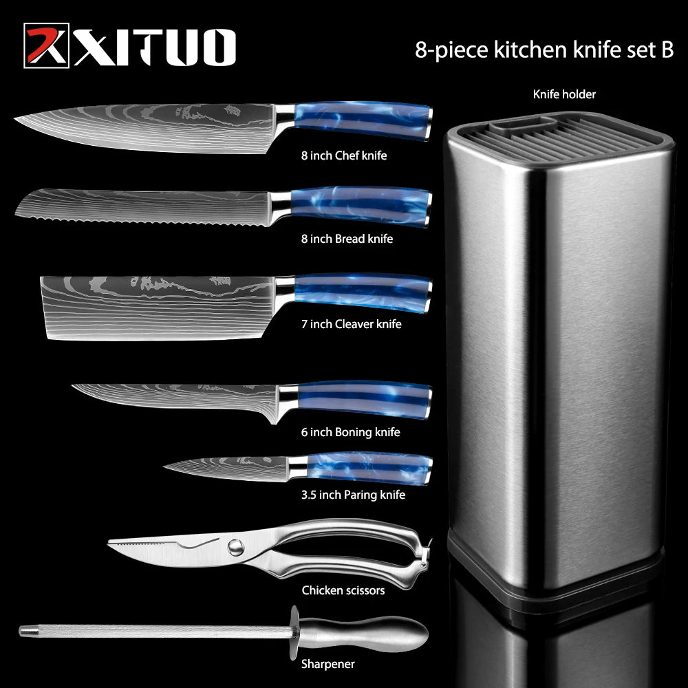 XITUO Kitchen Chef Set 4-8PCS set Knife Stainless Steel Knife Holder Santoku Utility Cut Cleaver Bread Paring Knives Scissors - My Homes Goods