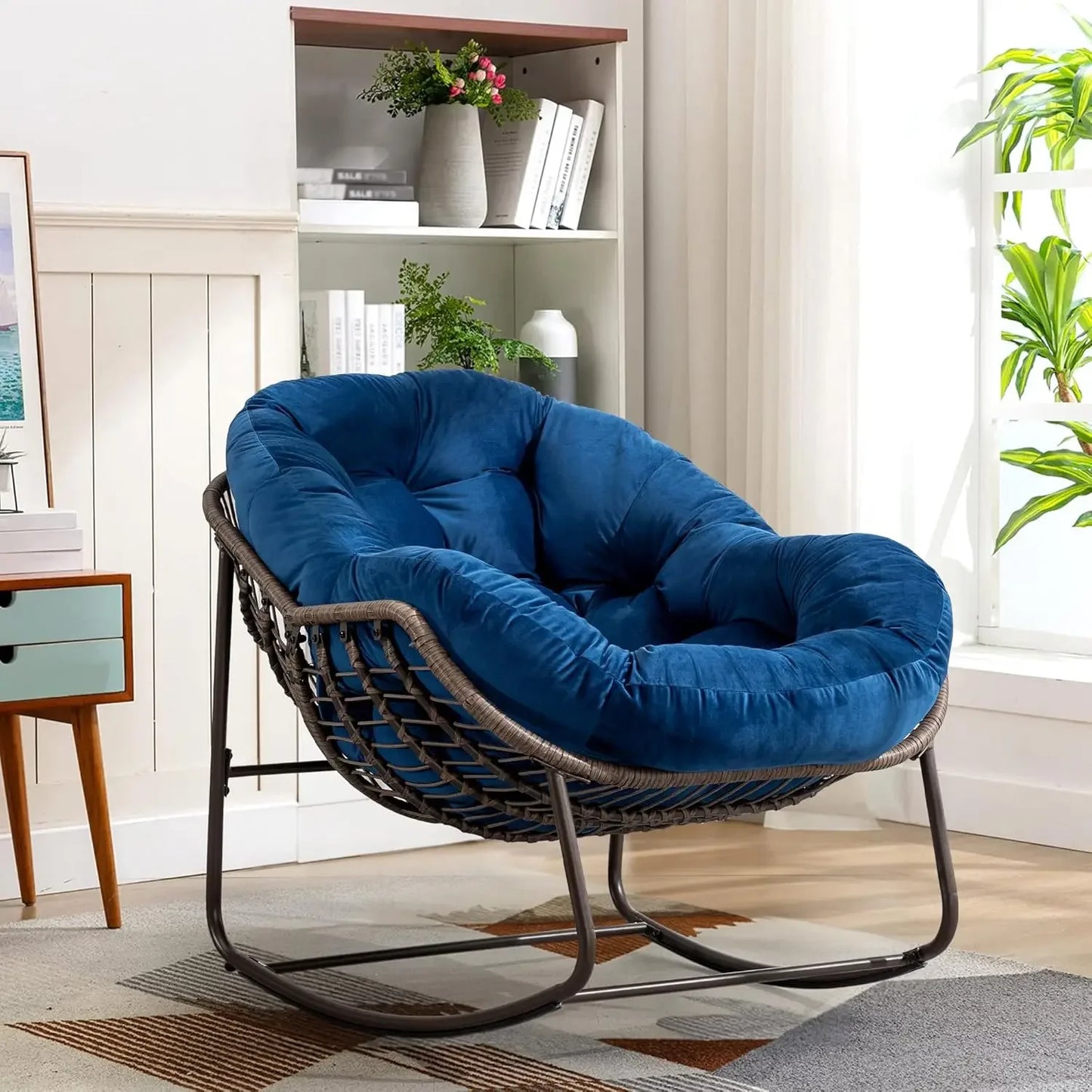 Oversized Rocking Papasan Chair with Thick Cushion and Frame Outdoor Rocker, Comfy Wicker Egg Chairs Lounge for Backyard Balcony