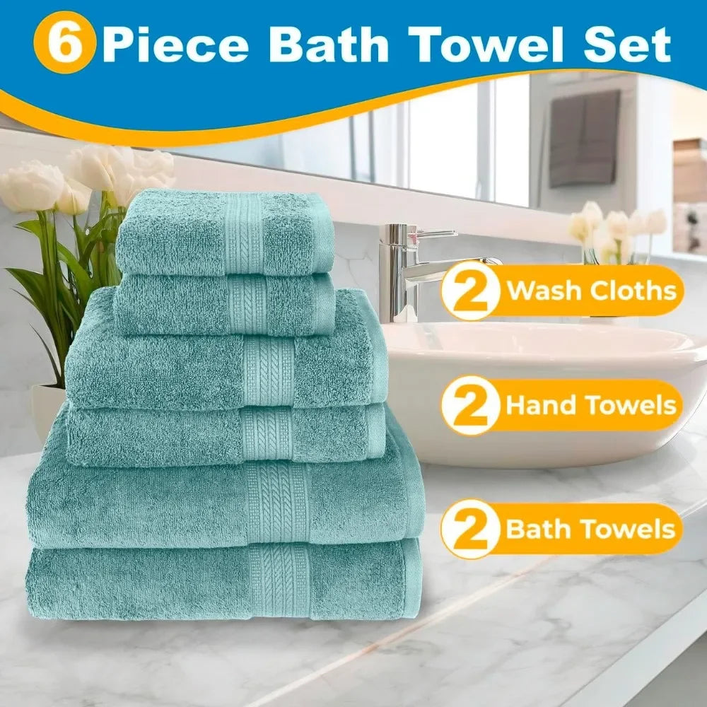 Soft & Absorbent, Luxury 100% Cotton Towels, 6 Piece Bath Towel Set, Include 2 Bath Towels, 2 Hand Towels, 2 Washcloths