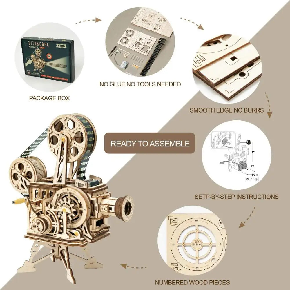 Robotime ROKR Hand Crank Projector Classic Film Vitascope 3D Wooden Puzzle Model Building Toys for Children Adult LK601 - My Homes Goods