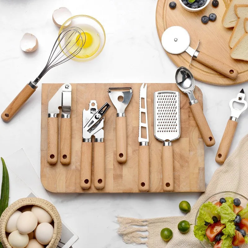 Cooking Utensils Set With Wooden Handle Can Opener Baking Set Cooking Tool Kitchenware Pizza Peeler Cheese Knife Kitchen Gadget - My Homes Goods