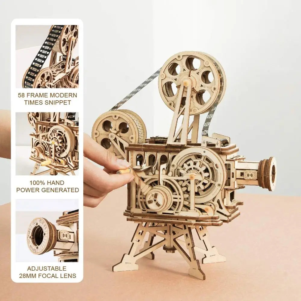 Robotime ROKR Hand Crank Projector Classic Film Vitascope 3D Wooden Puzzle Model Building Toys for Children Adult LK601 - My Homes Goods