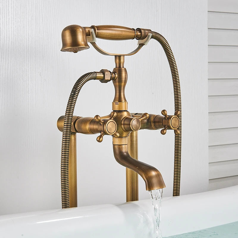 Antique Brass Floor Mounted Tub Sink Faucet Dual Handle Bathroom Bath Shower Set Freestanding Bathtub Mixer Tap with Handshower - My Homes Goods