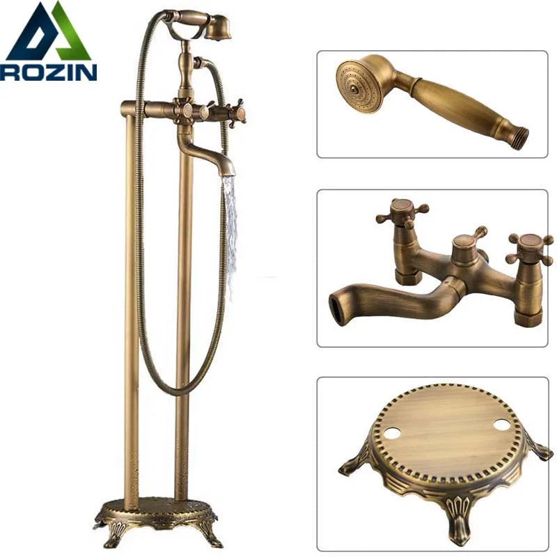 Antique Brass Floor Mounted Tub Sink Faucet Dual Handle Bathroom Bath Shower Set Freestanding Bathtub Mixer Tap with Handshower - My Homes Goods