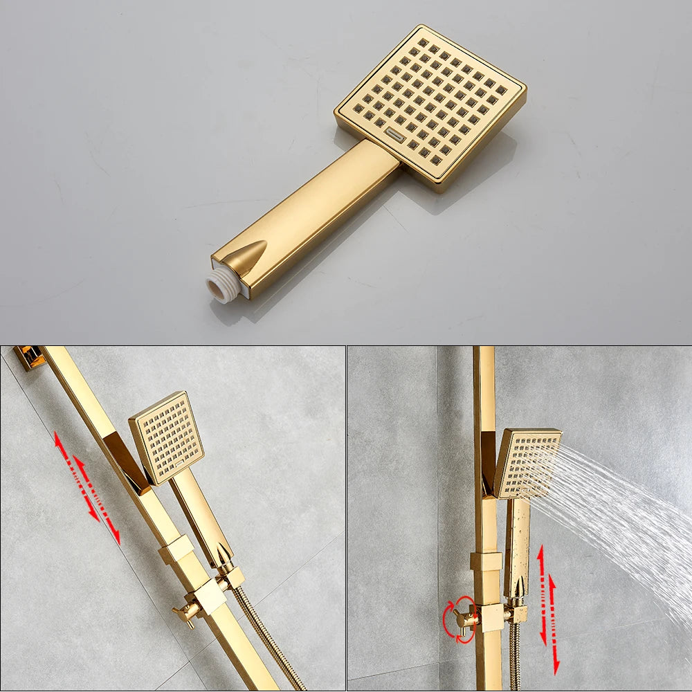 Rozin Golden Bathroom Shower Faucet Set Gold 8" Rainfall Shower Mixer Crane Wall Mounted with Hand Shower Bath Rain Column Tap - My Homes Goods