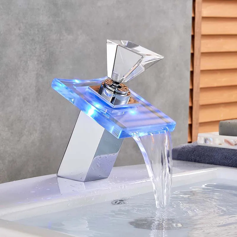 LED RGB Colors Basin Sink Faucet Deck Mount Waterfall Brass Bathroom Vessel Sink Mixer Tap Chrome Finish - My Homes Goods