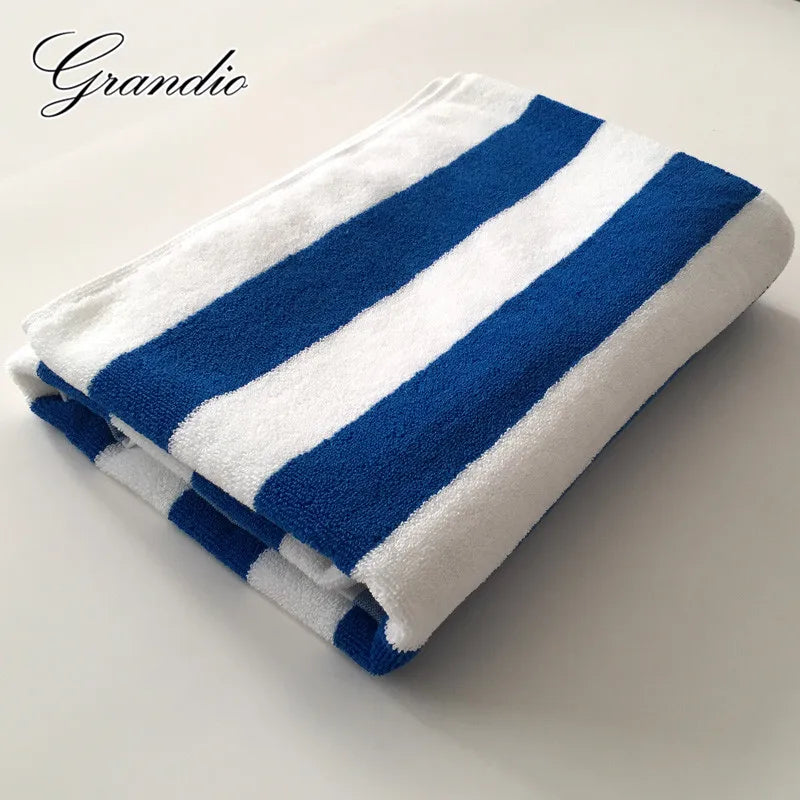 100% Cotton Beach Towel 80x150cm Blue White Striped Luxury Heavy Thick Terry 650g Absorbent Hotel Bathroom Bath Towel for Adults - My Homes Goods