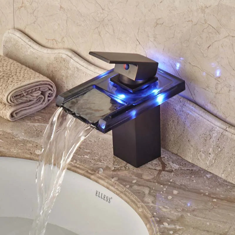 LED RGB Colors Basin Sink Faucet Deck Mount Waterfall Brass Bathroom Vessel Sink Mixer Tap Chrome Finish - My Homes Goods