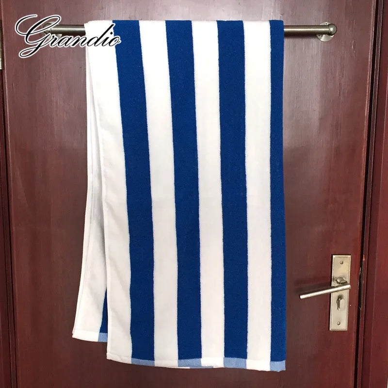 100% Cotton Beach Towel 80x150cm Blue White Striped Luxury Heavy Thick Terry 650g Absorbent Hotel Bathroom Bath Towel for Adults - My Homes Goods