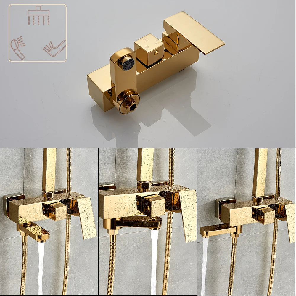 Rozin Golden Bathroom Shower Faucet Set Gold 8" Rainfall Shower Mixer Crane Wall Mounted with Hand Shower Bath Rain Column Tap - My Homes Goods