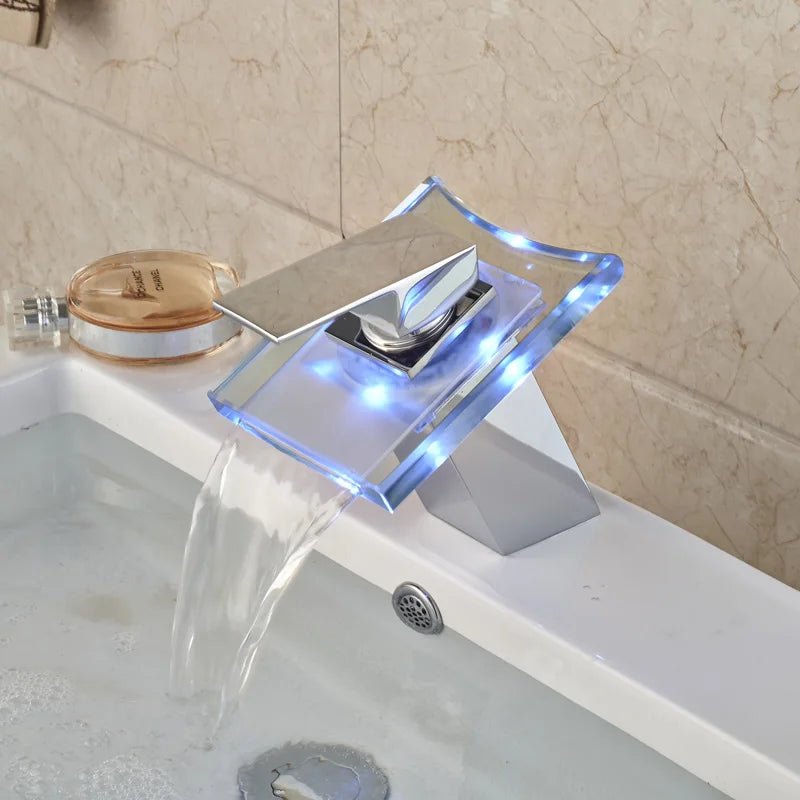 LED RGB Colors Basin Sink Faucet Deck Mount Waterfall Brass Bathroom Vessel Sink Mixer Tap Chrome Finish - My Homes Goods