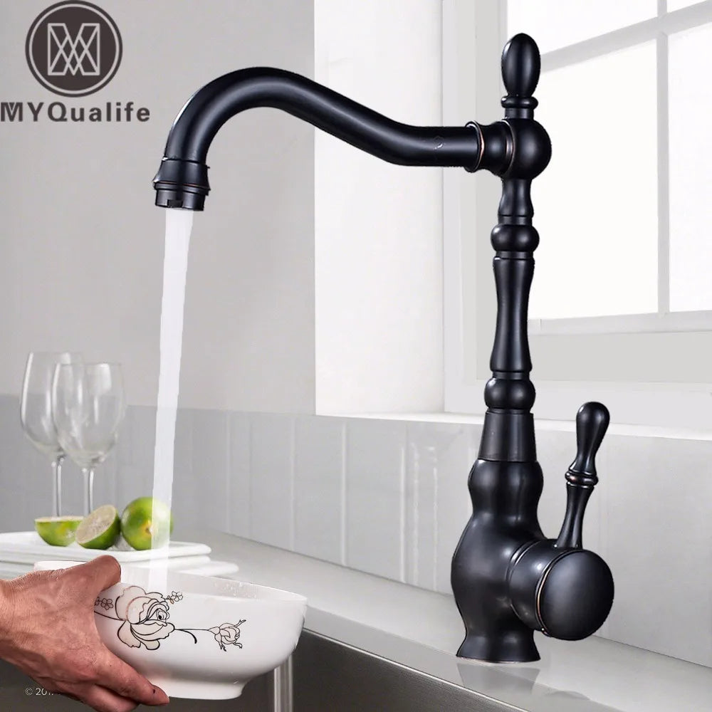 Black Deck Mount Bathroom Kitchen Brass Faucet Single Handle 360 Rotate Basin Sink Mixer Taps Black Hot and Cold Water Mixers - My Homes Goods