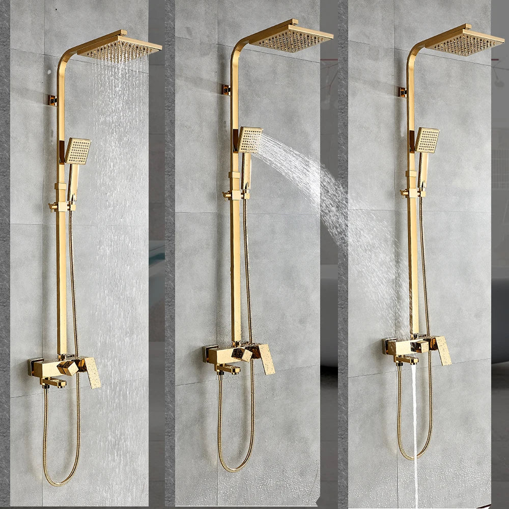 Rozin Golden Bathroom Shower Faucet Set Gold 8" Rainfall Shower Mixer Crane Wall Mounted with Hand Shower Bath Rain Column Tap - My Homes Goods