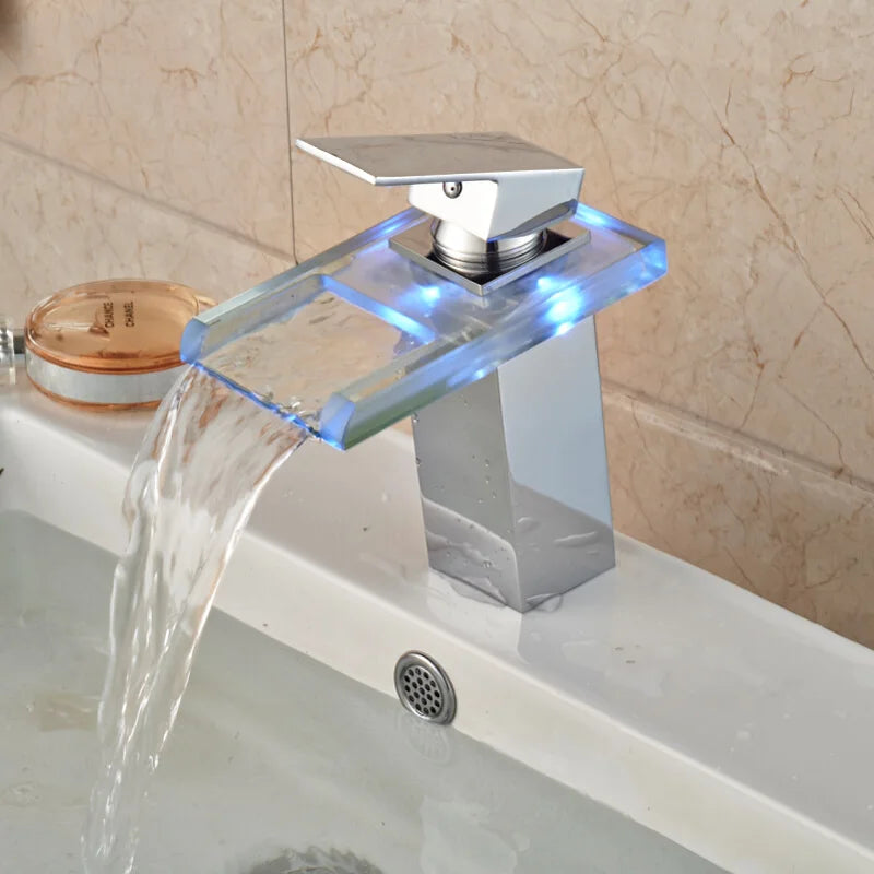 LED RGB Colors Basin Sink Faucet Deck Mount Waterfall Brass Bathroom Vessel Sink Mixer Tap Chrome Finish