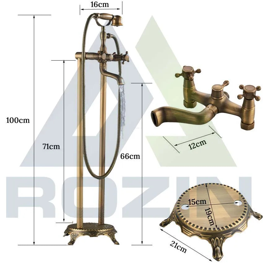 Antique Brass Floor Mounted Tub Sink Faucet Dual Handle Bathroom Bath Shower Set Freestanding Bathtub Mixer Tap with Handshower - My Homes Goods