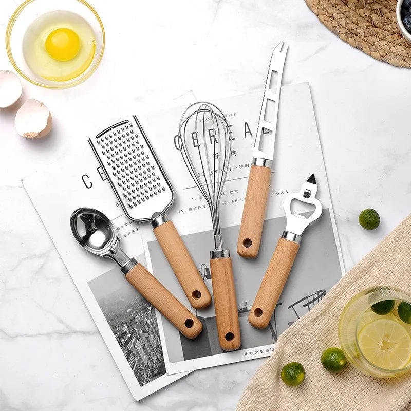 Cooking Utensils Set With Wooden Handle Can Opener Baking Set Cooking Tool Kitchenware Pizza Peeler Cheese Knife Kitchen Gadget - My Homes Goods