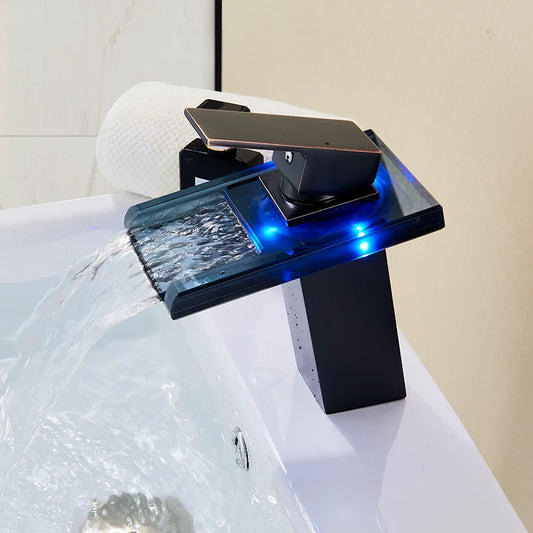 LED RGB Colors Basin Sink Faucet Deck Mount Waterfall Brass Bathroom Vessel Sink Mixer Tap Chrome Finish - My Homes Goods