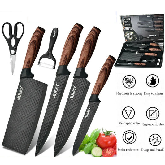 Kitchen Knives Sets Stainless Steel Forged Kitchen Chef Knife Set Scissors Peeler Slicer Nakiri Paring Knife Diamond Pattern - My Homes Goods