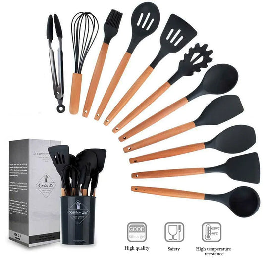 12PCS Silicone Kitchenware Non-Stick Cookware Kitchen Utensils Set Spatula Shovel Egg Beaters Wooden Handle Cooking Tool Set - My Homes Goods