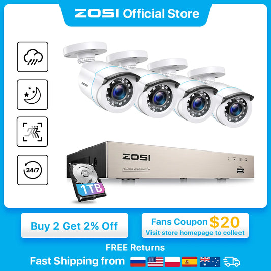 ZOSI Home Security System H.265+ 8CH DVR 4/8pcs 2.0MP 1080p Night Vision Outdoor Surveillance Waterproof Camera Kits - My Homes Goods